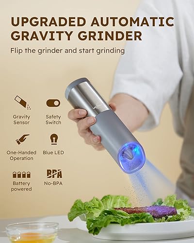 Miniatura 2 de Sangcon Gravity - Molinillo eléctrico de sal y pimienta con interruptor de seguridad, funciona con pilas con luz LED, grosor ajustable, accesorios