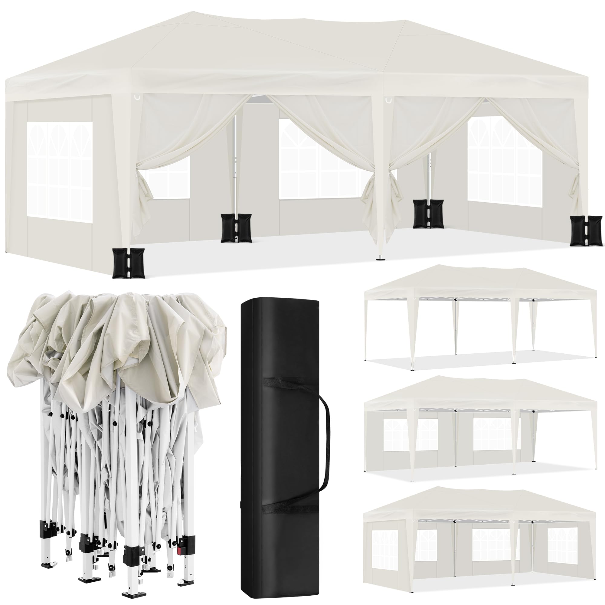 Laneetal Gazebo de Jardín 3x6 m, Carpa Plegable e Impermeable, Pergola Jardín Marco Metalico, Pabellón Cenador para Camping y Fiestas, 4PCS Sacos de Arena Vacíos, Beige