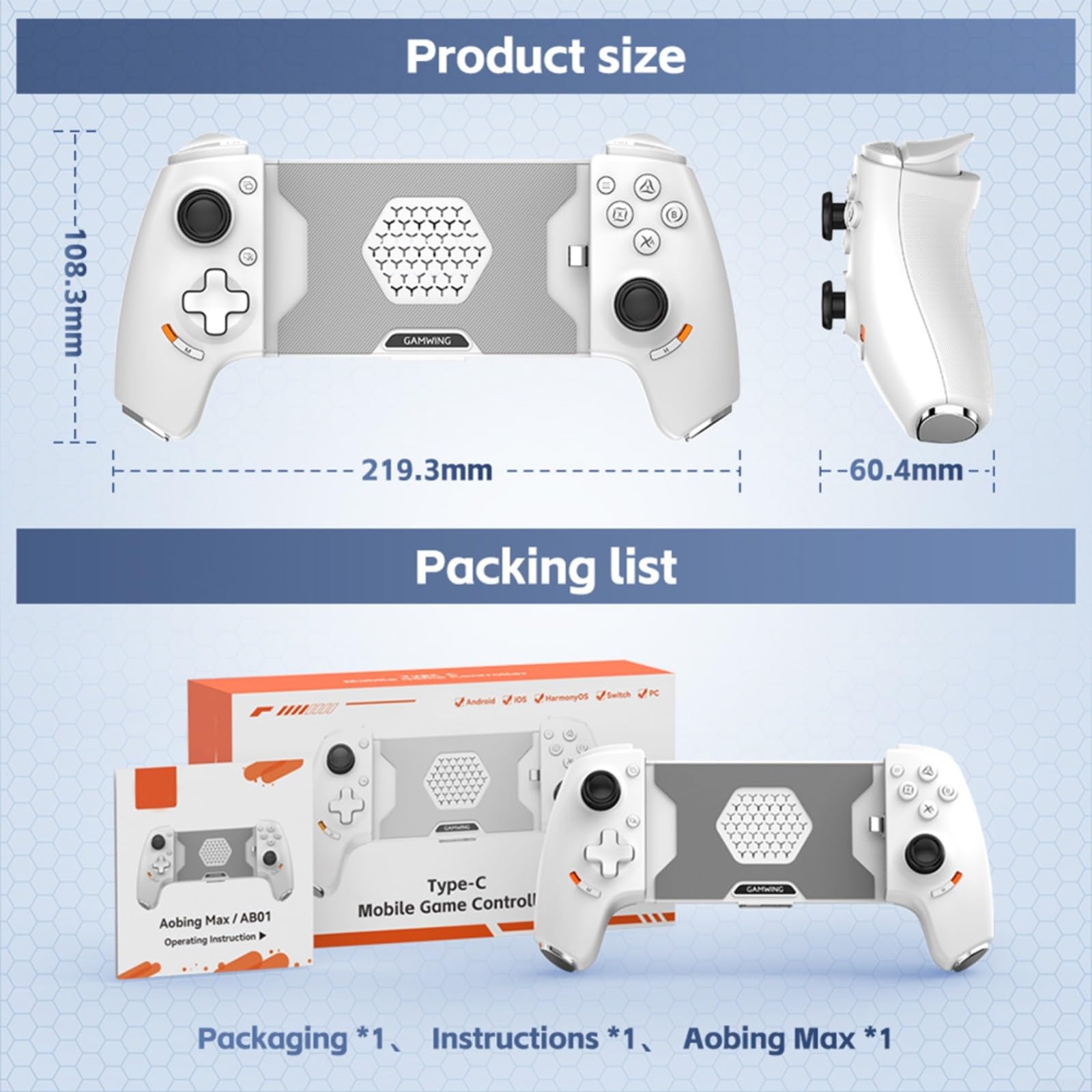 AB01 - Controller per telefono estensibile, per pad da gioco wireless USB dual-mode, sensori Hall, macro personalizzate, impugnatura antiscivolo, dissipazione del calore