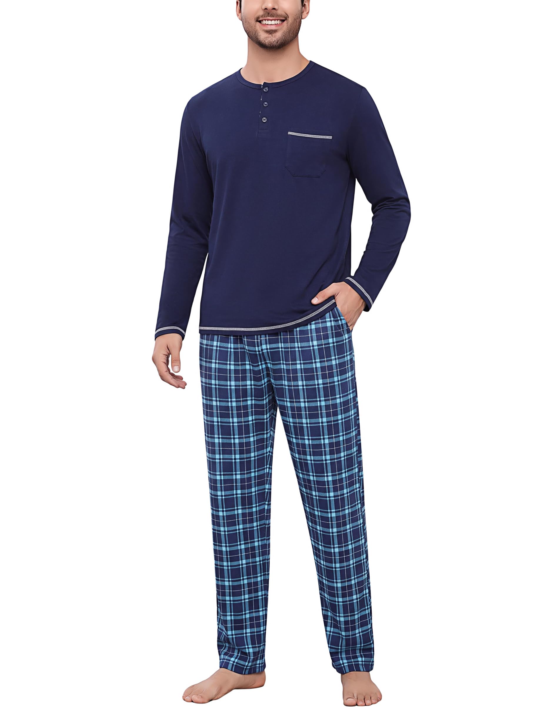 Litherday Schlafanzug Herren Lang Winter Baumwolle Pyjama Set Kariert | Nachtwäsche Herren mit Rundhalsausschnitt Langarm Oberteil und Schlafanzughose mit Taschen Kordelzug