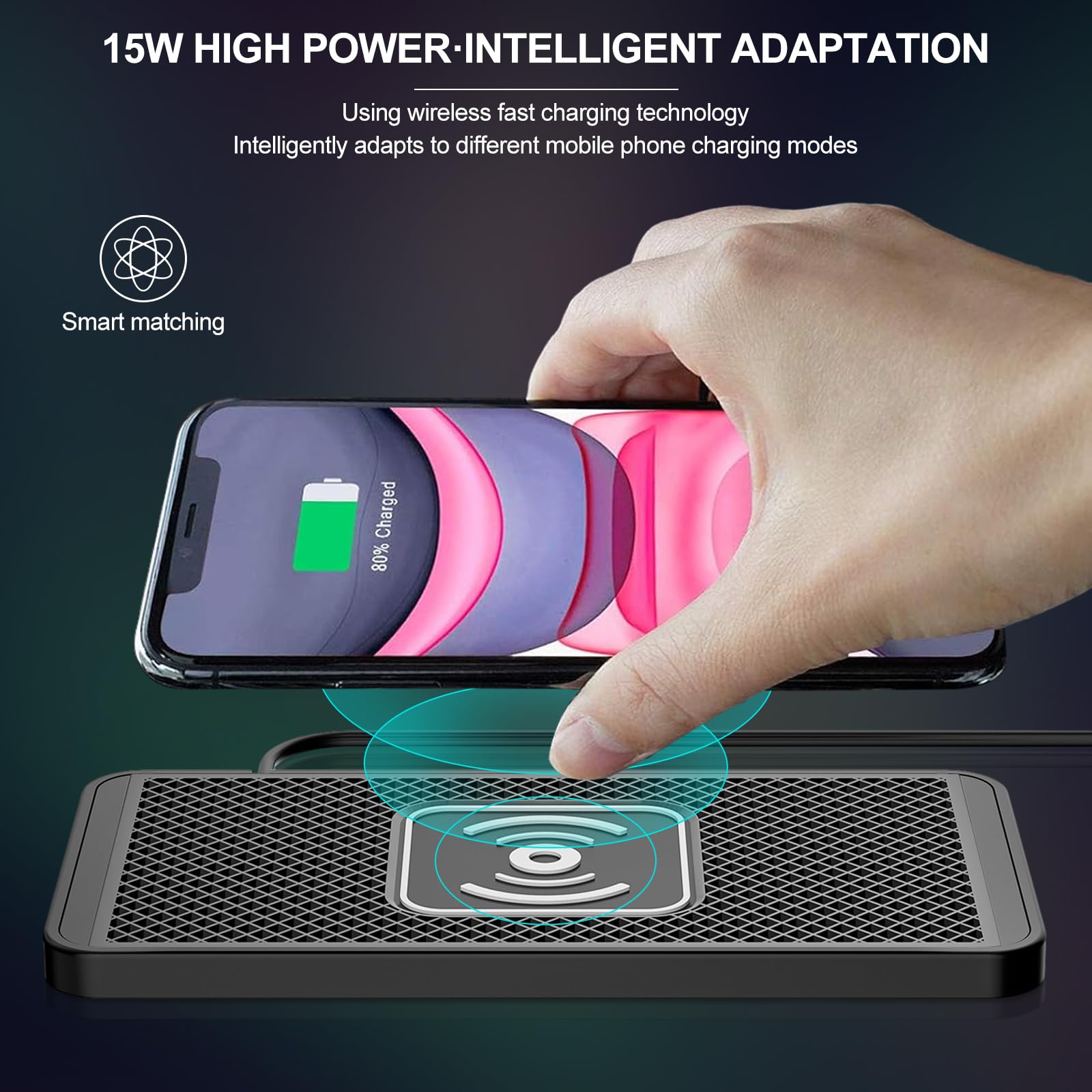 VOBOR Caricatore Wireless Auto, 15W Tappetino Ricarica Wireless Auto, Caricabatterie Senza Fili Antiscivolo per Telefoni cellulari, Cuffie, ecc. (TypeC 1m)
