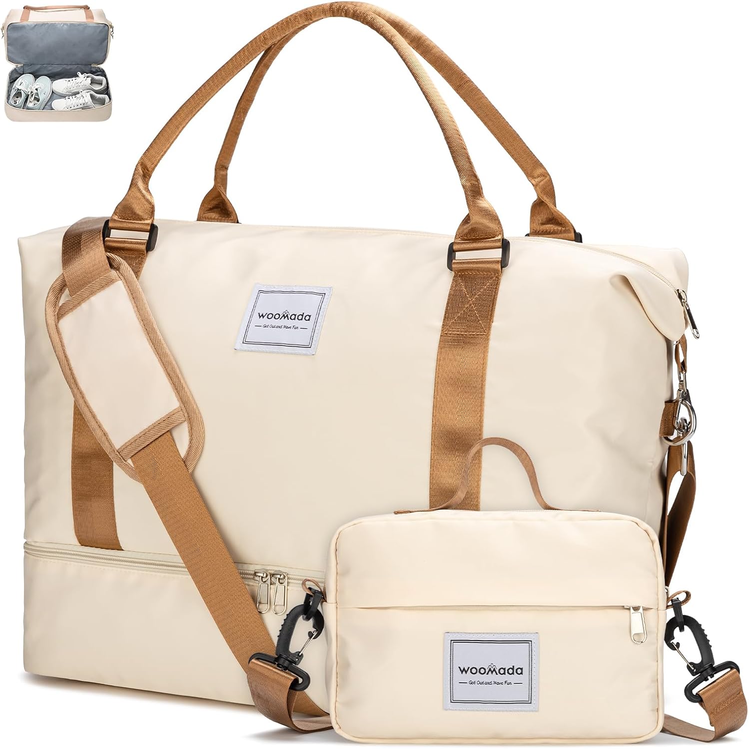WOOMADA Weekender Bag for Women,Travel Carry On Bag with Shoe Compartment, Overnight Travel Duffle Bag with Toiletry Bag(beige&brown)
