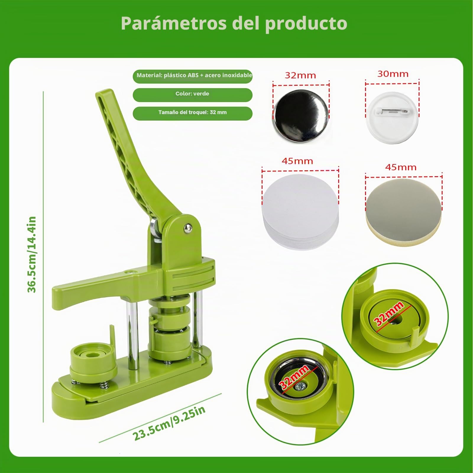 Máquina para hacer botones de 32 mm con 100 piezas, imagen y Cortador circular, Button Maker prensa de empuje y tracción para crear insignias, regalos y pins, Fabricación de botones