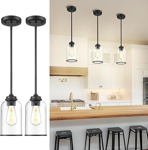 Miniatura 15 de LIROUVET Paquete de 2 Luces Colgantes, Lámpara Colgante Vintage de Doble Vidrio, Luces Colgantes de Oro Cepillado para Isla de Cocina con Vidrio