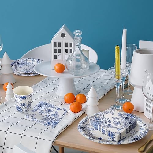 Miniatura 4 de Dandat Juego de 250 platos y servilletas desechables florales azules y blancas para 50 invitados, platos desechables, servilletas, tazas para bodas,