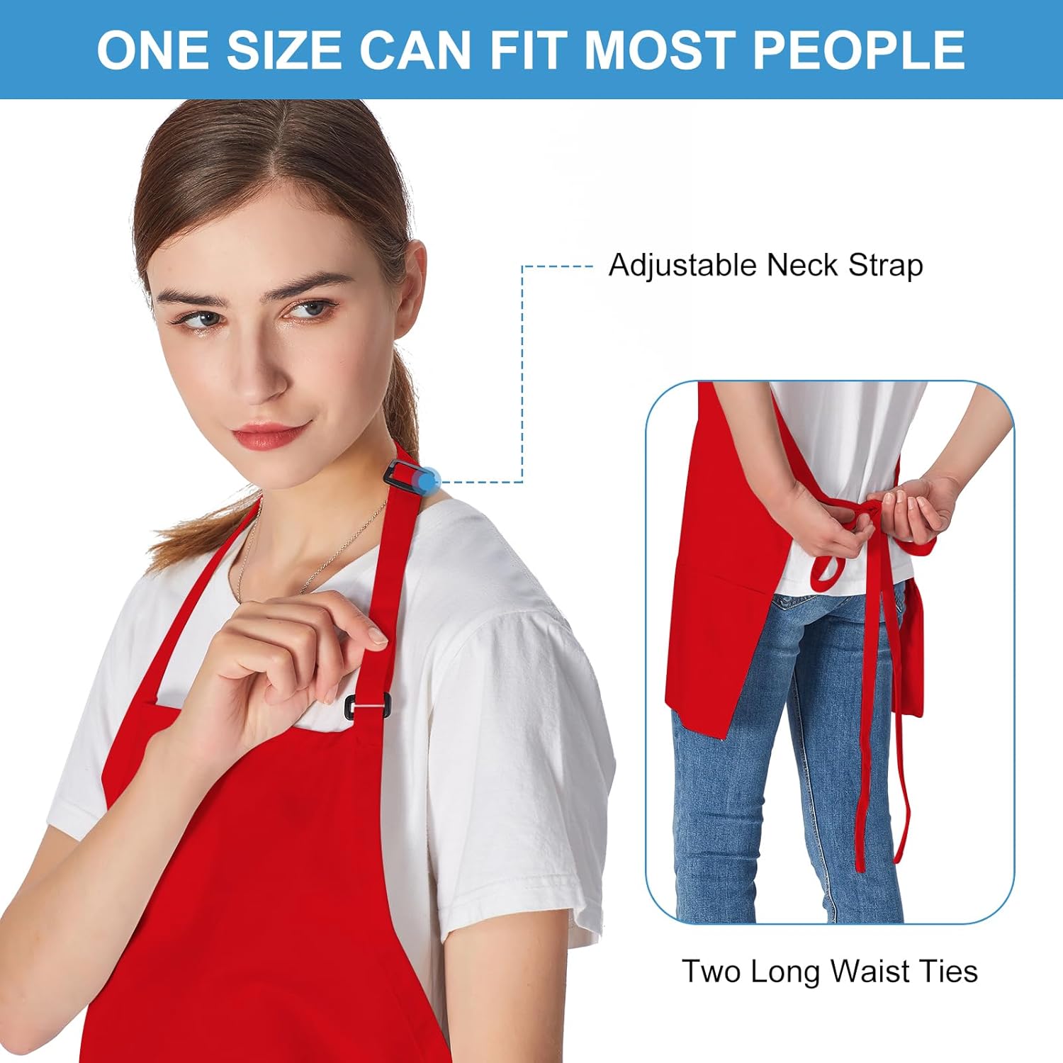 Jubatus 2 Pack 3 Pockets 100% Cotton Adjustable Bib Apron Chef Kitchen Cooking Aprons for Women Men, Red - Image 5