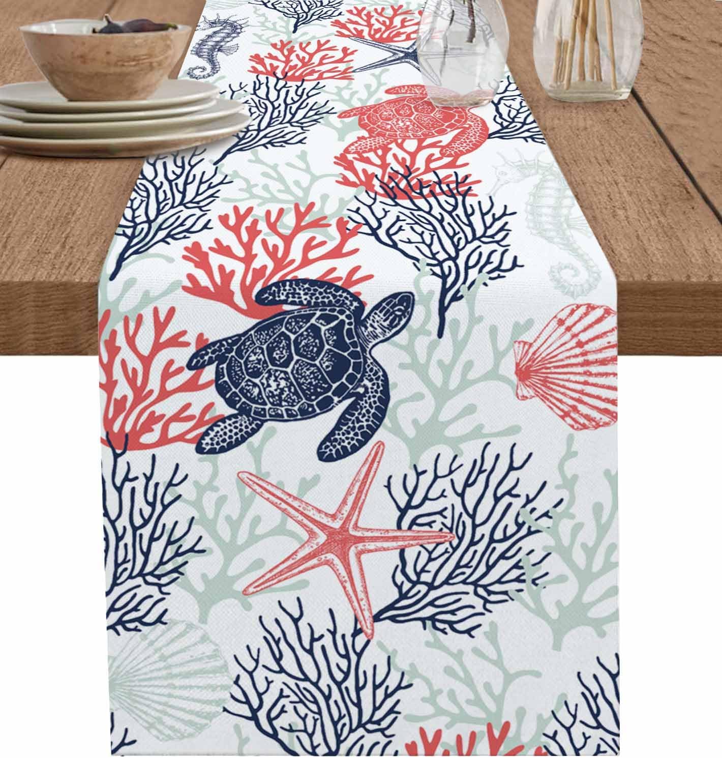 Seven Roses Blue Red Coastal Table Runner 120 Inches Long Farmhouse Dress Scarves, Sea Turtle Nautical Coral Summer Beach Dining Tablerunner for Coffee Table/Kitchen Island/Party Décor, 13"" x 120""