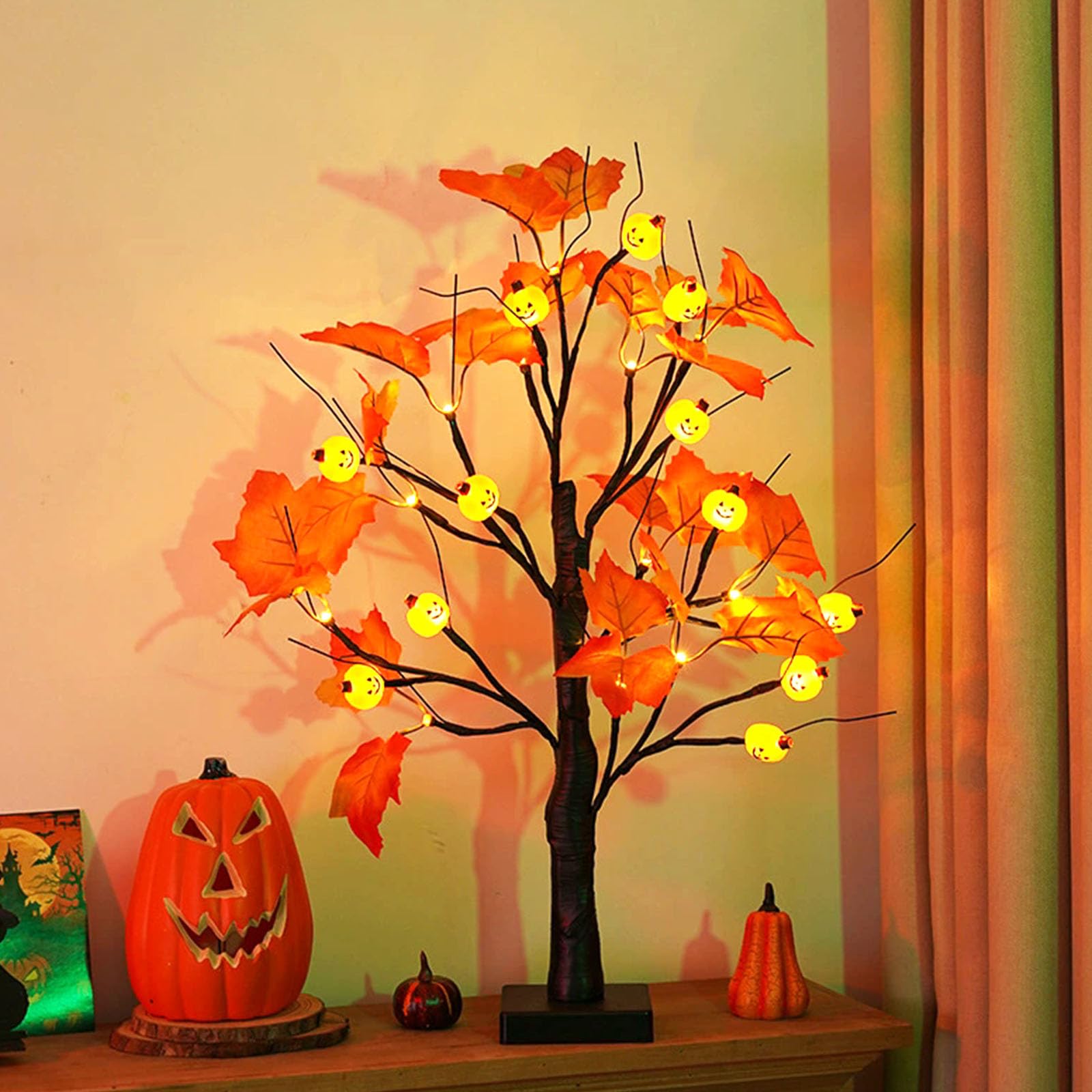 wpdash Autumn Pumpkin Tree Light - LED Decorative Table Lamp Battery USB Powered 3D Pumpkin Light for Flower Shop Decoration Couple Dates Kitchen Ambient Decoration Store Window Display — image 1