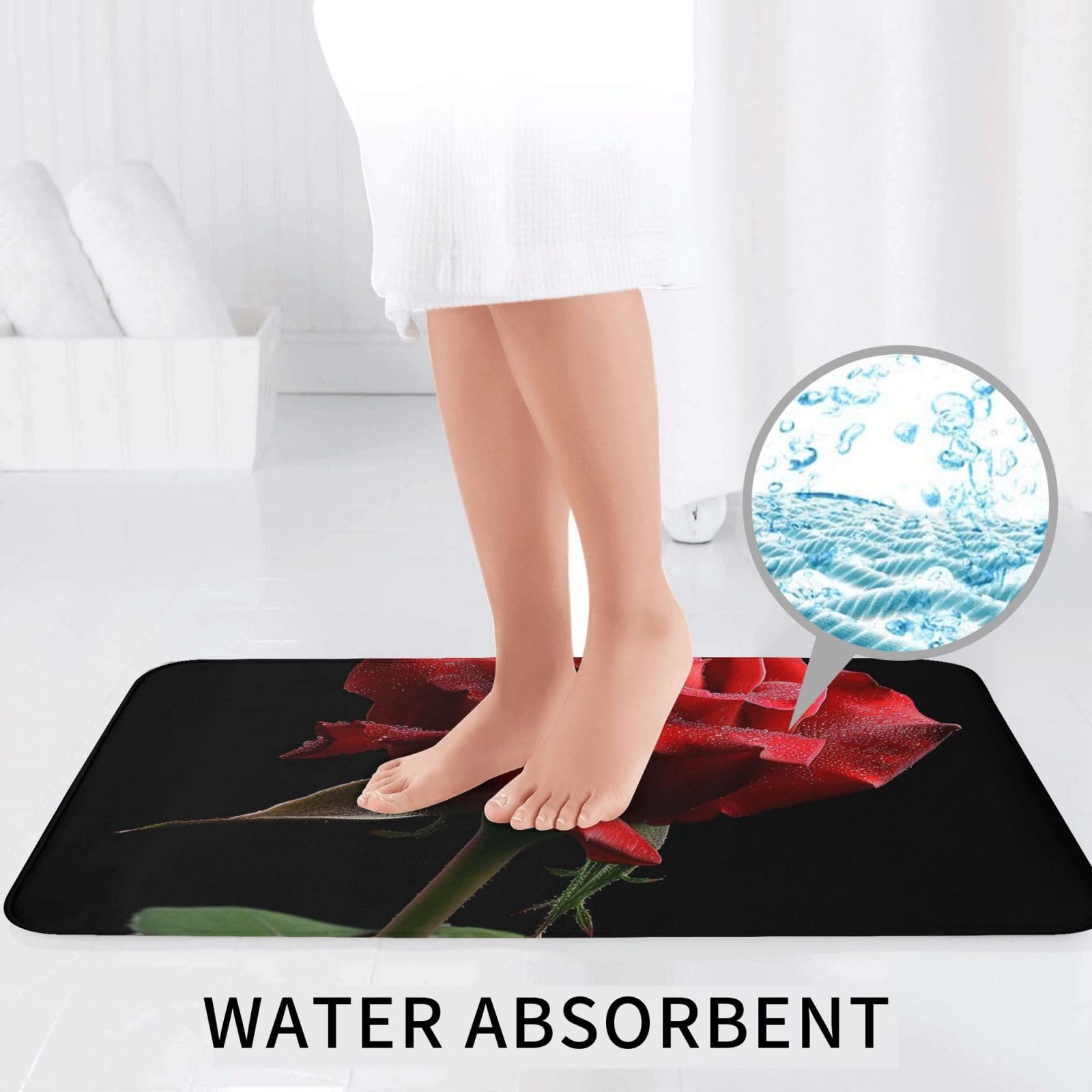 Lot de 3 tapis de bain antidérapants et absorbants en flanelle avec motif imprimé rose rouge et fond noir