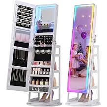 Dystler RGB Jewelry Cabinet with Full Length Mirror, 360 Rotating Lockable | 12-Zone Velvet Floor Standing Jewelry Organizer | 108 Earring Slots, 24 necklace hooks, RGB+LED, Remote Control, Ideal gift