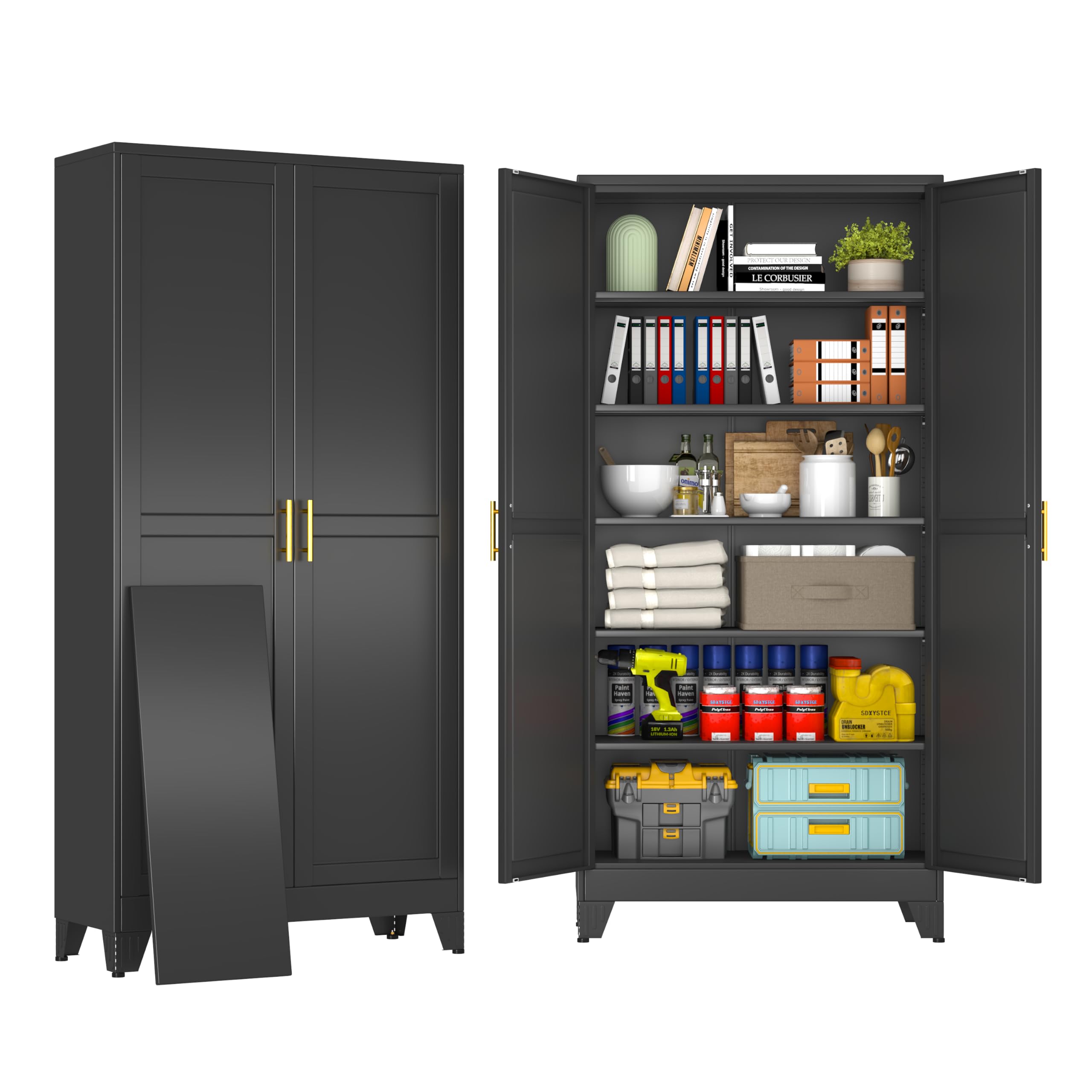 75" Black Tall Metal Storage Cabinet with 2 Doors and 5 Adjustable Shelves,Steel Garage Tool Cabinet, File Cabinet,Kitchen Pantry Cabinet for Home,Office,Garage,School,Warehouse
