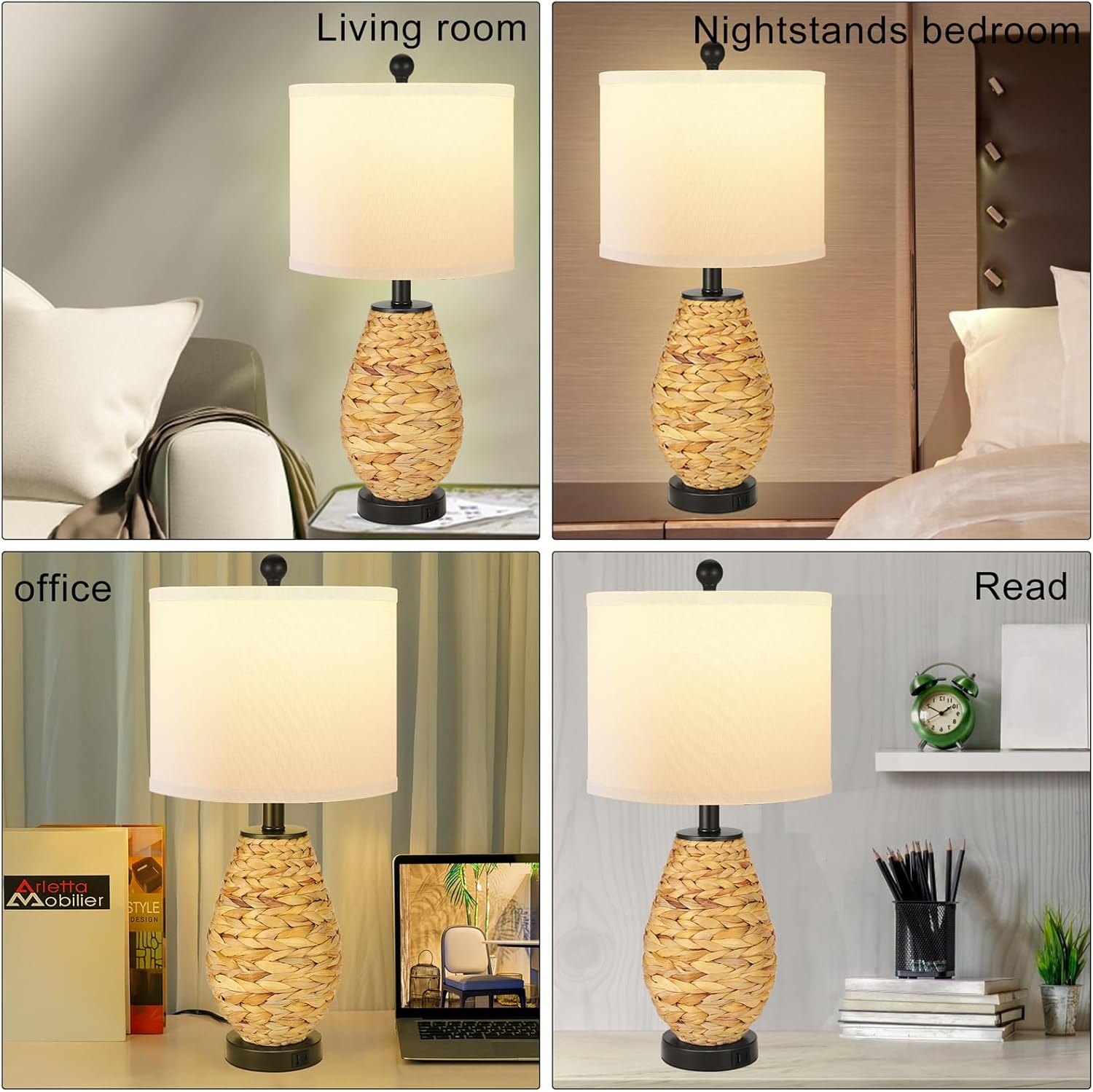 Coastal Table Lamps Set of 2, Retro Natural Seagrass Rattan Woven 24" Bedside Lamp, for Bedroom Living Room Home Nightstand Table Lamp(with USB C+A 5V 2.1A Charging Ports)