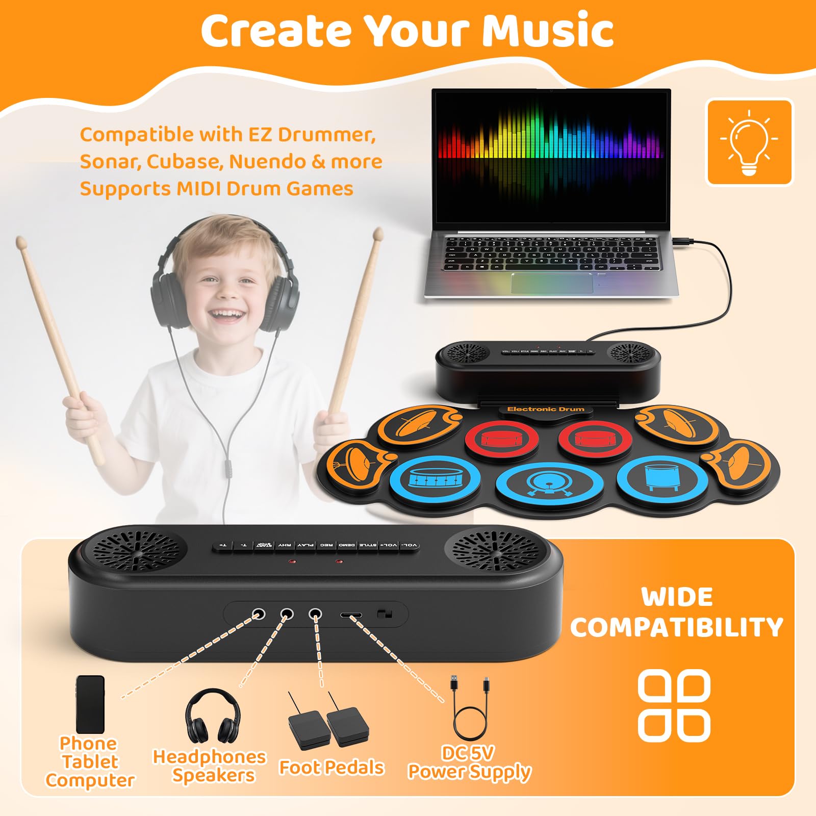 Schlagzeug Elektronisch Kinder, 9-Pad Elektronisches Schlagzeug Set, E-Drum Set mit 2 Pedalen, Dual-Lautsprecher & Sticks, Kopfhörer/Bluetooth/MIDI Unterstützung, Geschenk für Kinder & Anfänger