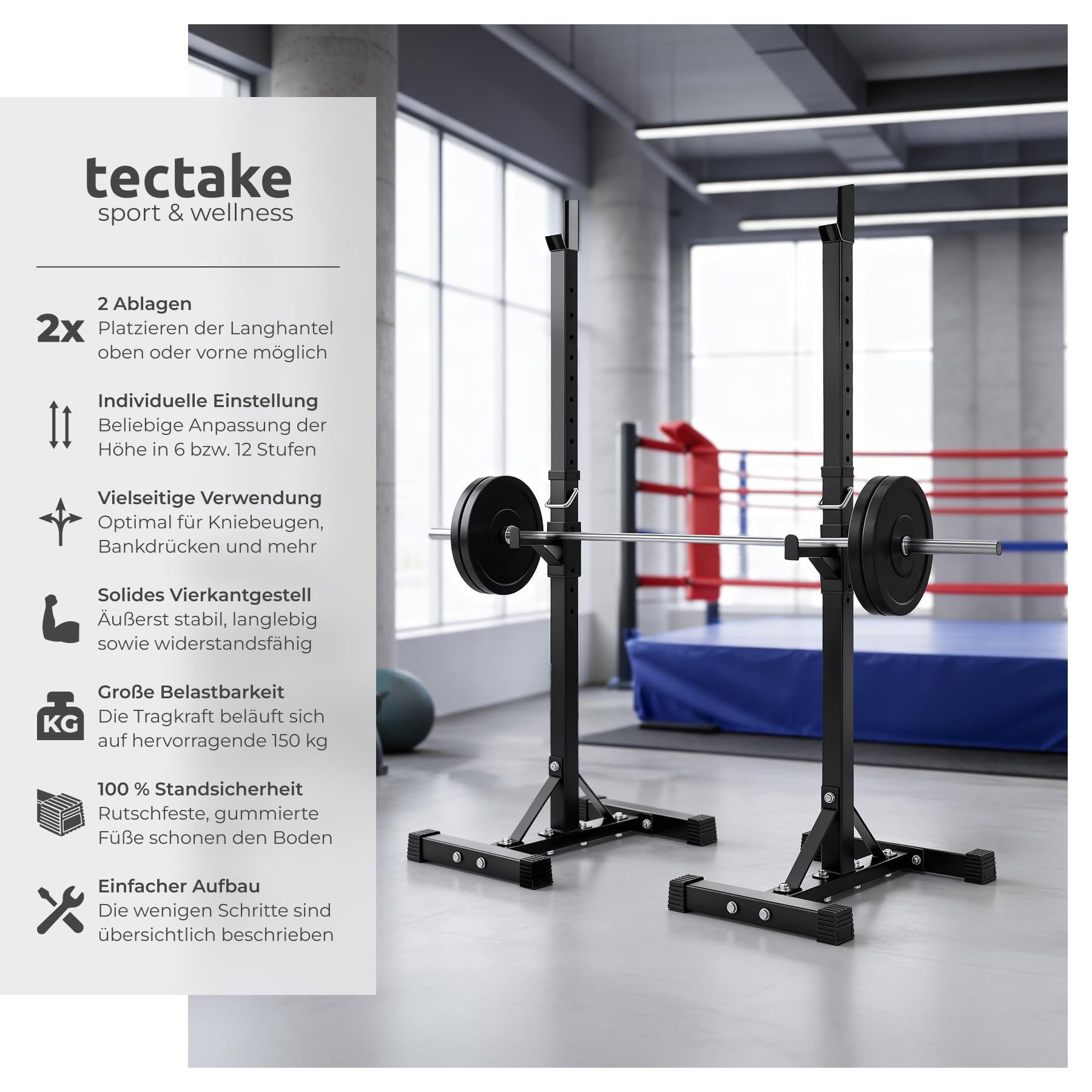 tectake® Langhantel Ablage, Hantelablage für Langhantelstange, SZ Stange, Hantelständer höhenverstellbar, Sportgeräte Zubehör für Krafttraining Zuhause, Homegym Kraftstation für Zuhause