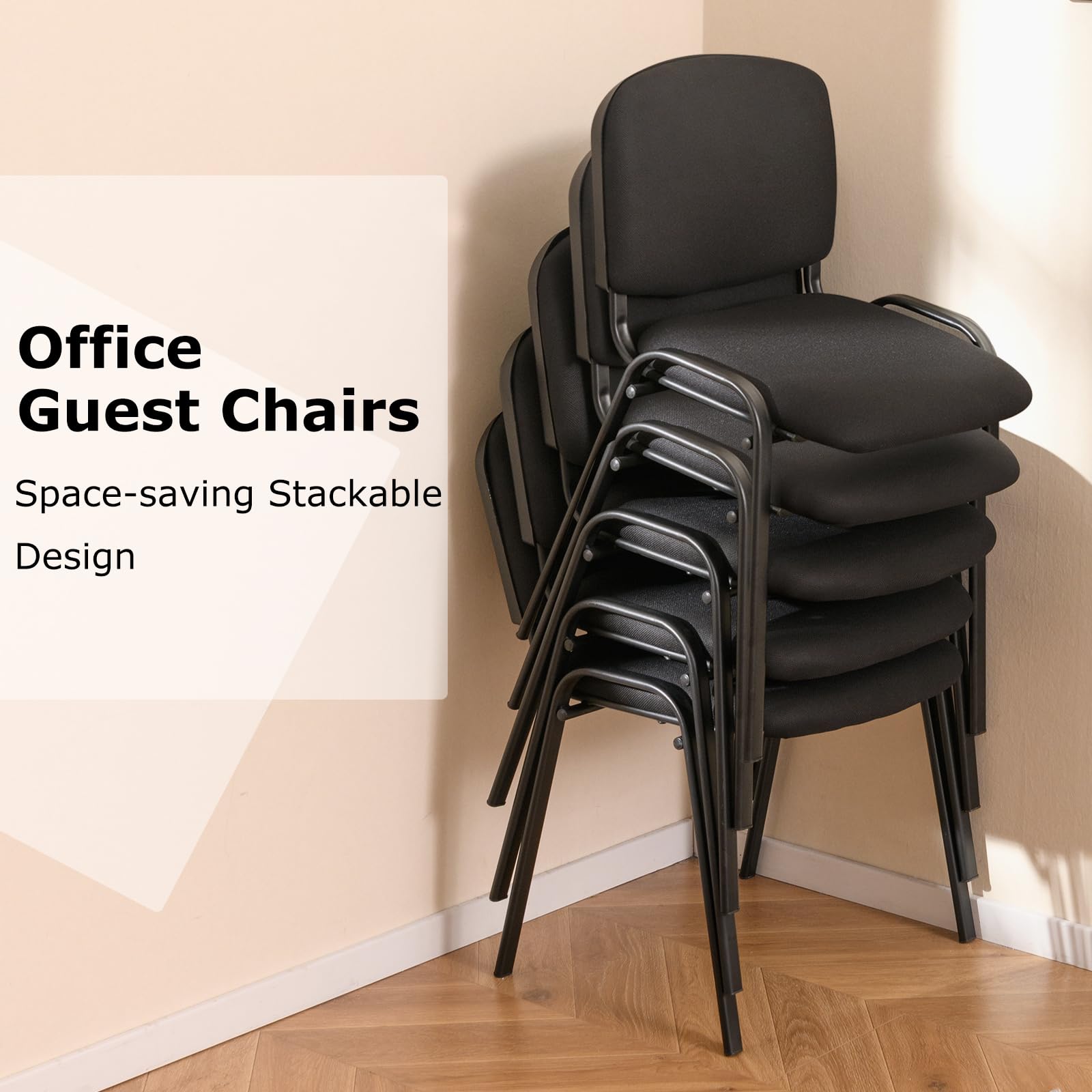 GIANTEX Lot de 5 Chaise Salle d'Attente Empilables, Siège et Dossier Rembourrés, Chaise Visiteur Ergonomique, Cadre en Métal, Charge 150 kg, Patins Antidérapants, pour Salle d'Attente, Bureau, Noir