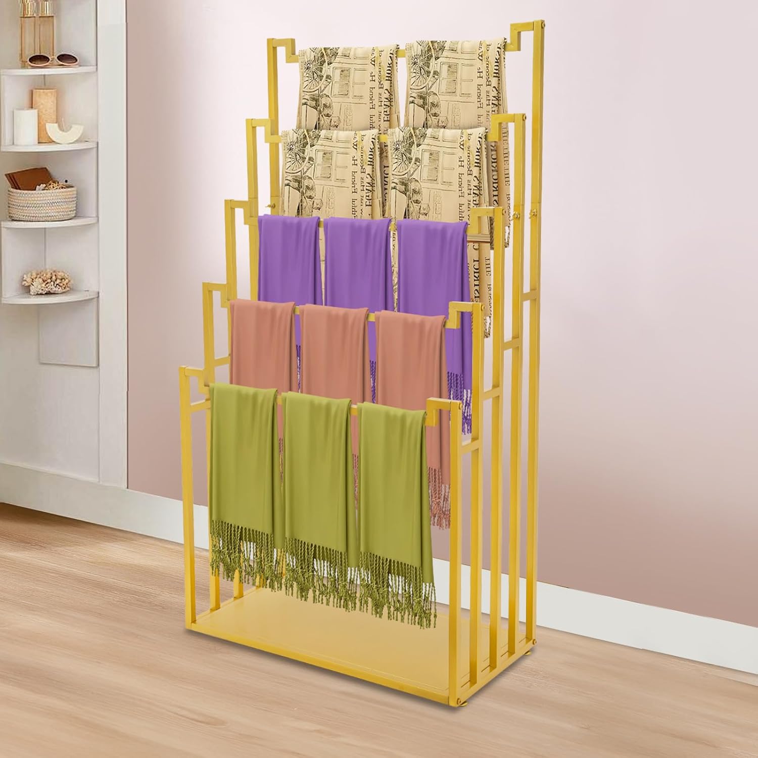 Metal Scarf Display Stand, Floor Standing Scarf Holder Organizer, 5-Layer Heavy Duty Belt Rack for Commercial Clothing Retail Store Boutique Home Display Scarves Belts Scarf Towel Pants