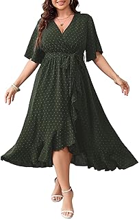 Women's Plus Size Summer Dresses Short Sleeve Wrap V Neck Swiss Dot Boho High Low Split Ruffle Maxi Dress - Buy now