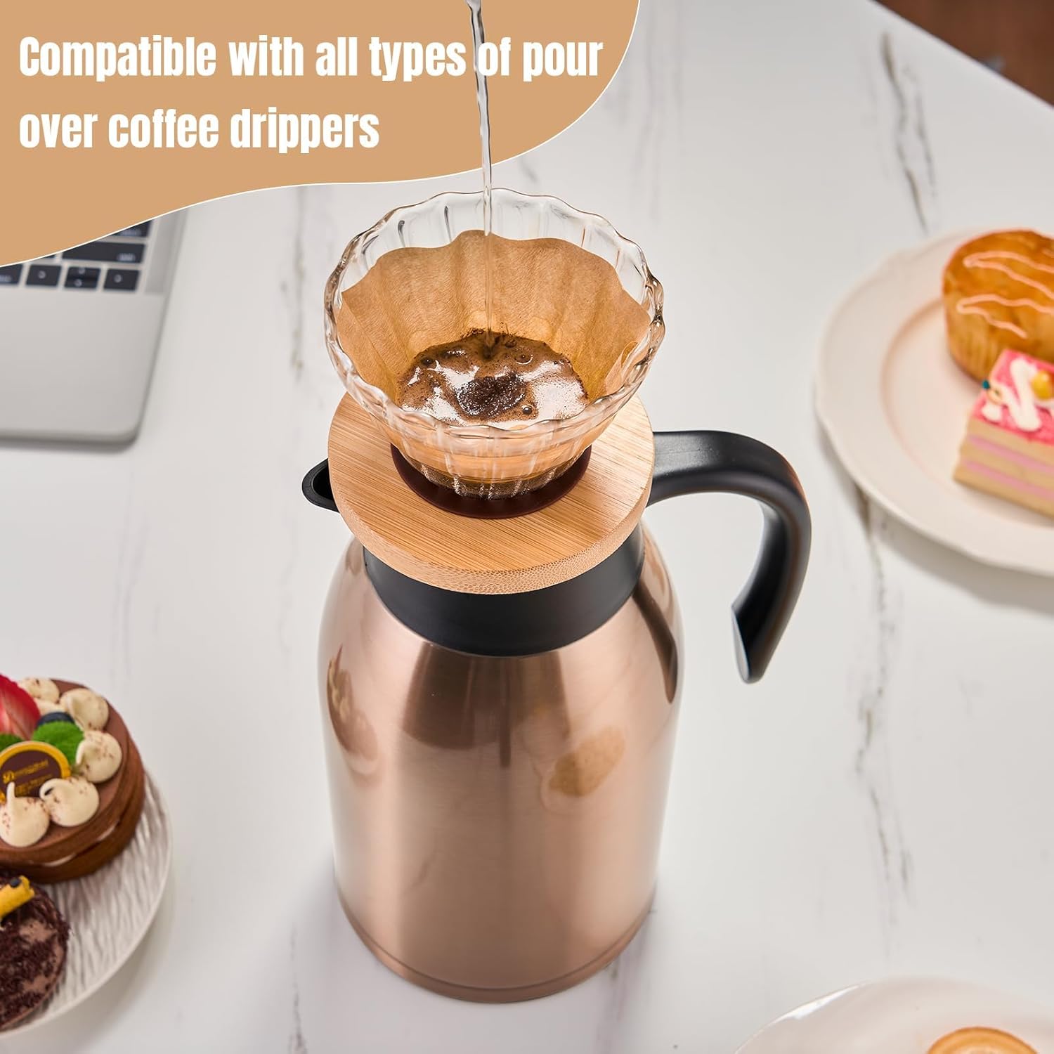 PARACITY 68oz Thermal Coffee Carafe Stainless Steel, Coffee Carafes for Keeping Hot, Double Walled Vacuum Insulated Coffee Urn for Coffee & Tea, Home & Office (Gold Brown)