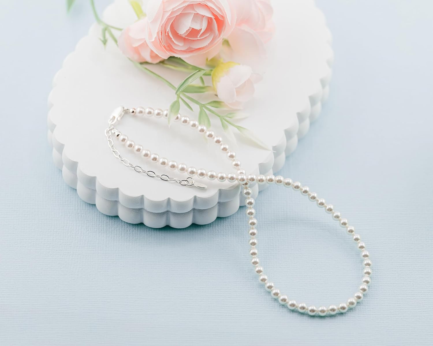 Precious Pieces Children's 925 Sterling Silver Flower Girl Austrian Simulated Pearl Bracelet, Necklace or Set for Girls, Toddlers, or Kids