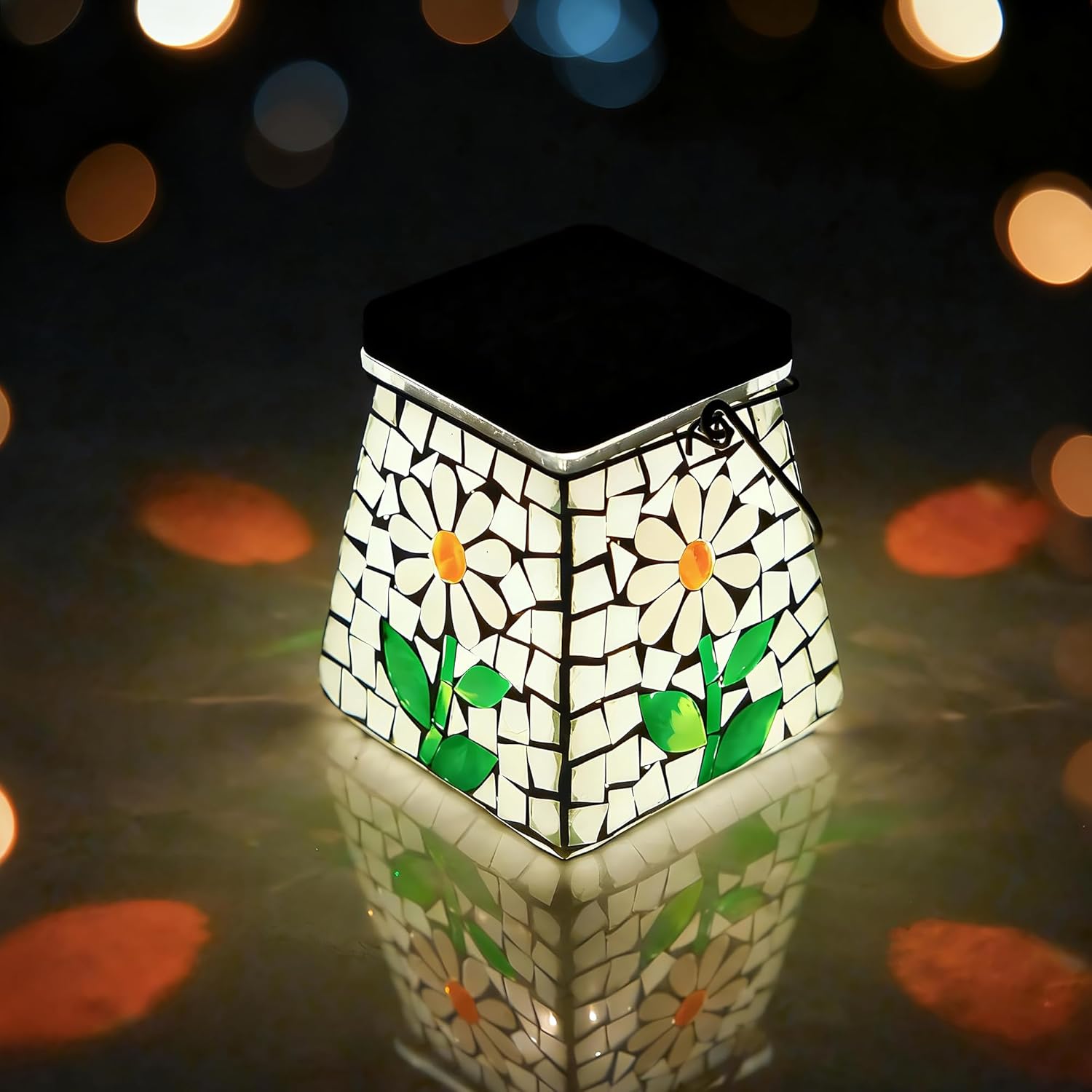 SAVENNA Mosaic Solar Lantern,Handcrafted Glass Hanging or Table Lantern,600mAh Long Lasting Light for Patio, Yard & Garden – Daisy Pattern