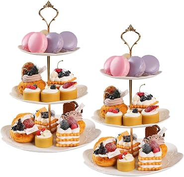 PowerKing 3 Tier Cupcake Stand Cake Stand - Plastic Tiered Serving Tray for Desserts, Candy, and Treats - Perfect for Wedding, Birthday, Tea Party White, 2Pack,Round