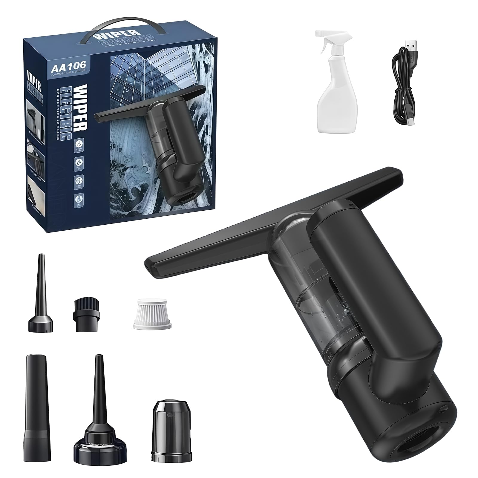 Aspirateur de vitres électrique 2 en 1 - Grattoir pour vitres et absorbeur d'eau - Sans traces ni taches d'eau - Nettoyeur de vitres pour fenêtres, miroirs de voiture (noir)