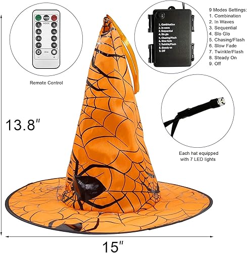 Miniatura 4 de Funpeny 8 sombreros de bruja colgantes de Halloween con tira de luces y 200 luces LED de red naranja y morada