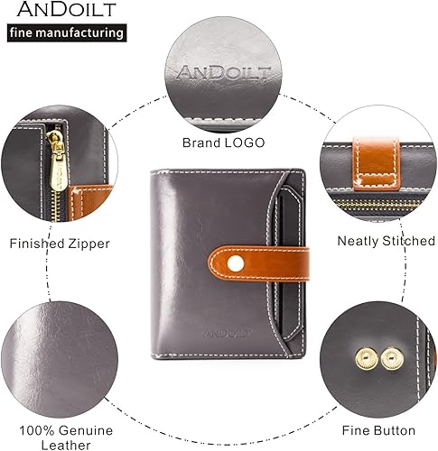 Miniatura 5 de ANDOILT Billeteras para mujer, de piel auténtica, pequeña, plegable, con bloqueo RFID, con bolsillo para monedas, ventana de identificación, Cartera