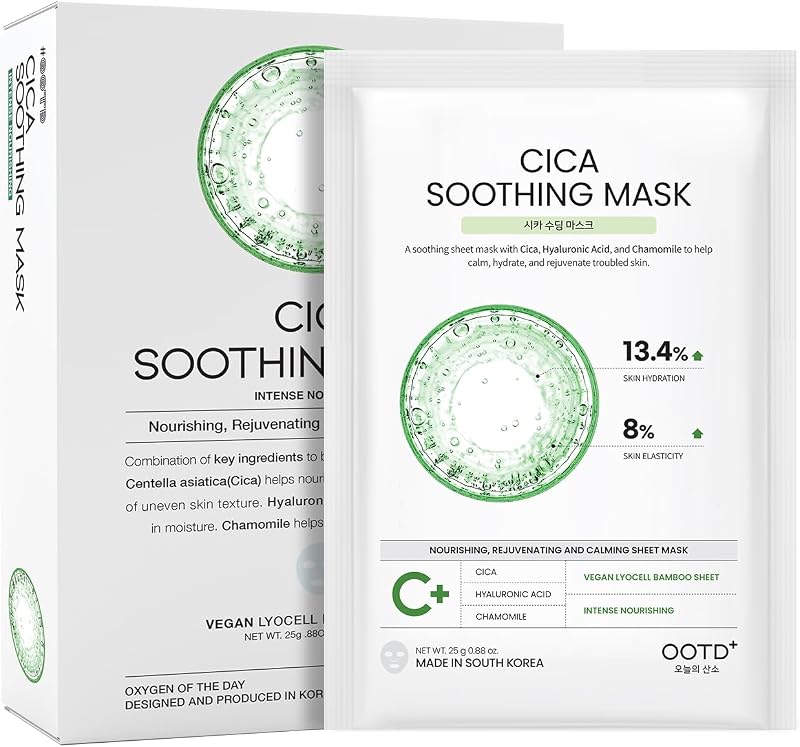 #OOTD Cica Calming Moisturizing Vegan Sheet Mask(10-Pack) | Korean Skincare | Korean Vegan sheet mask gift set with Cica & Retinol; Collagen, Ceramide & Hyaluron hydrate, soothe & firm skin