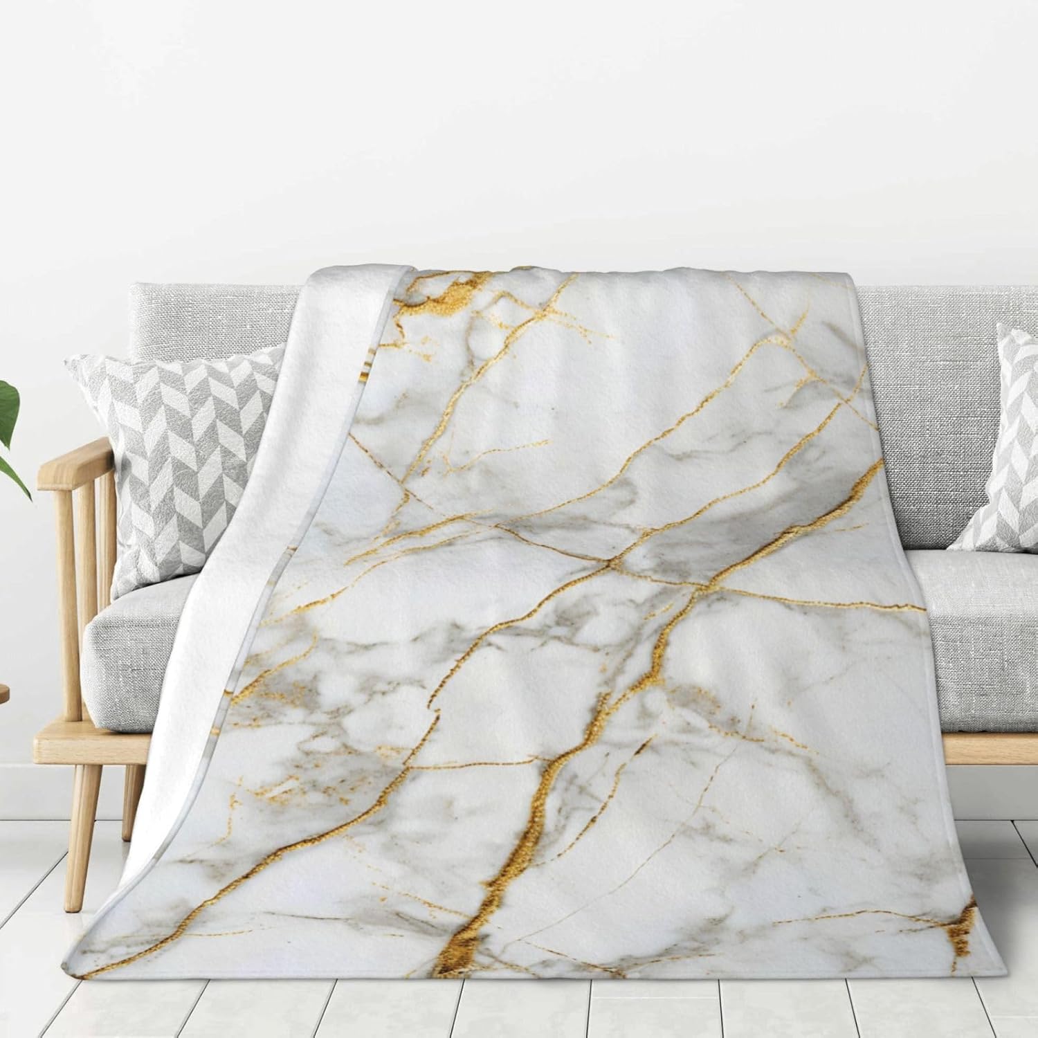 Gold White Marble Background Throw Blanket for Bed Sofa Couch Fleece Blankets Lightweight Soft Cozy 50"x40" - Image 2