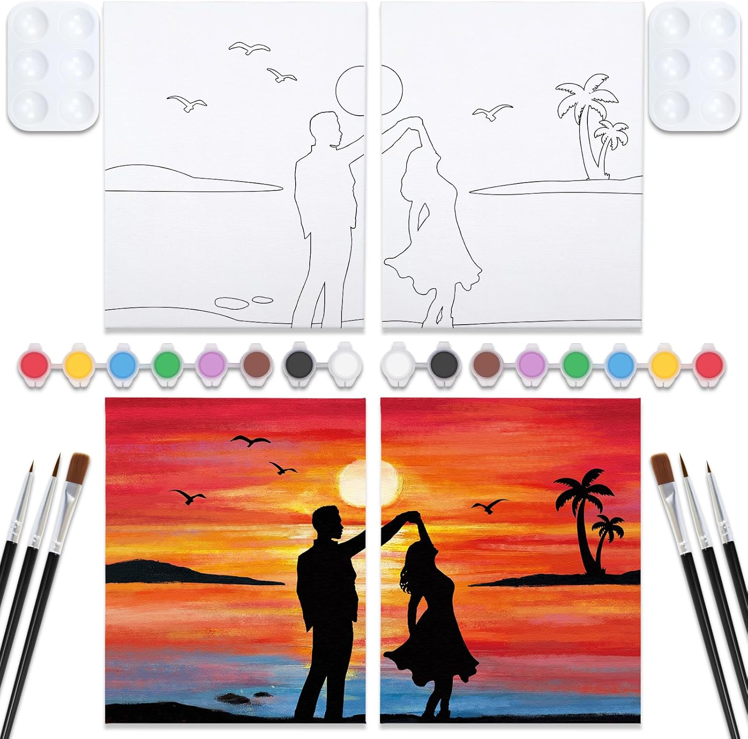 VOCHIC Sip and Paint Kit, Pre Drawn Canvas Couples Painting Party Kits Paint Art Set with Outline Canvas for Adults Date Night Couple Sunset Heart 2 Pack (12 x 16 Inches)