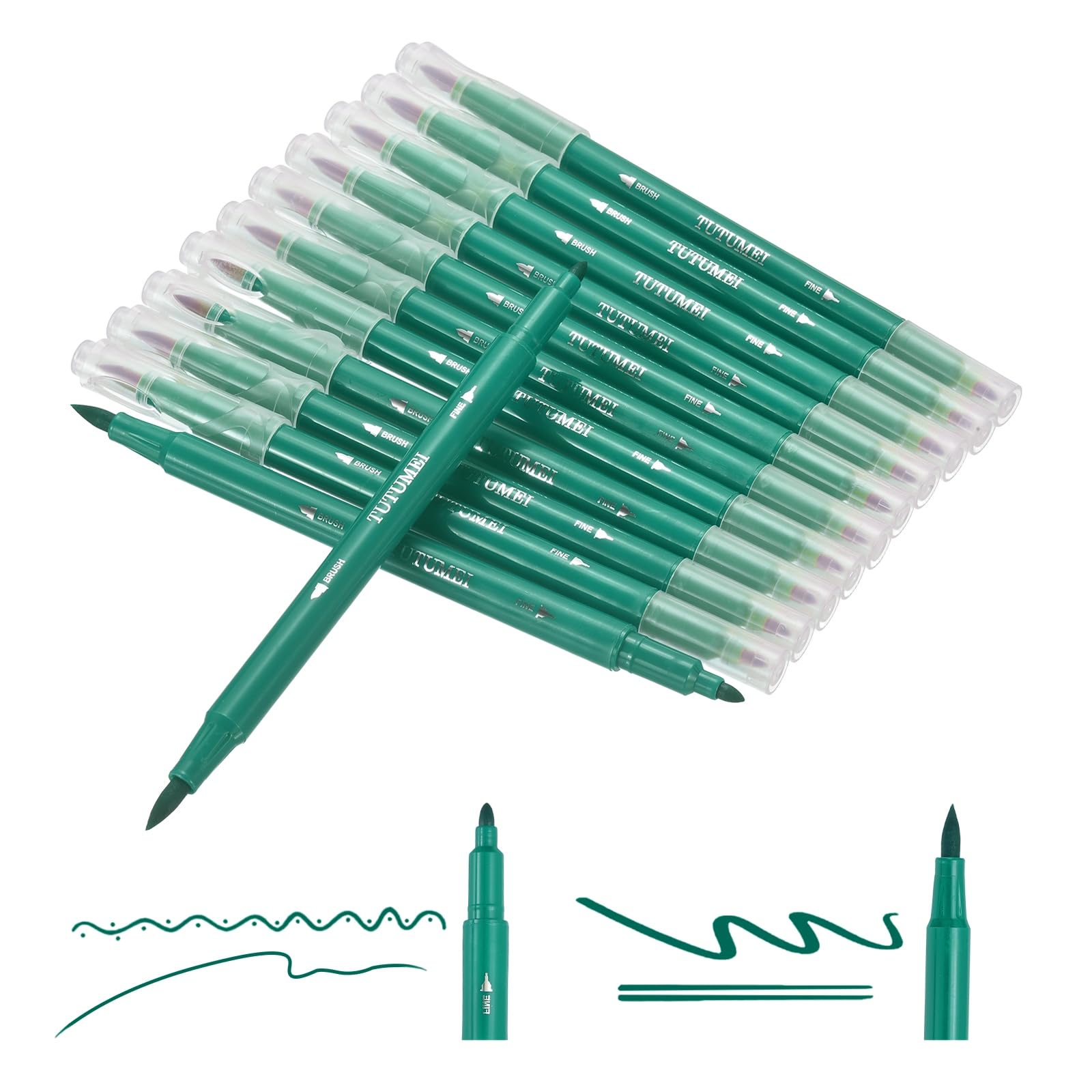 PATIKIL 12 Pack Dual Markers Brush Pens, Green Double Tip Colored Pen Coloring Marker Set Supplies for Adults Coloring Books Note Taking Writing Calligraphy Drawing Sketching