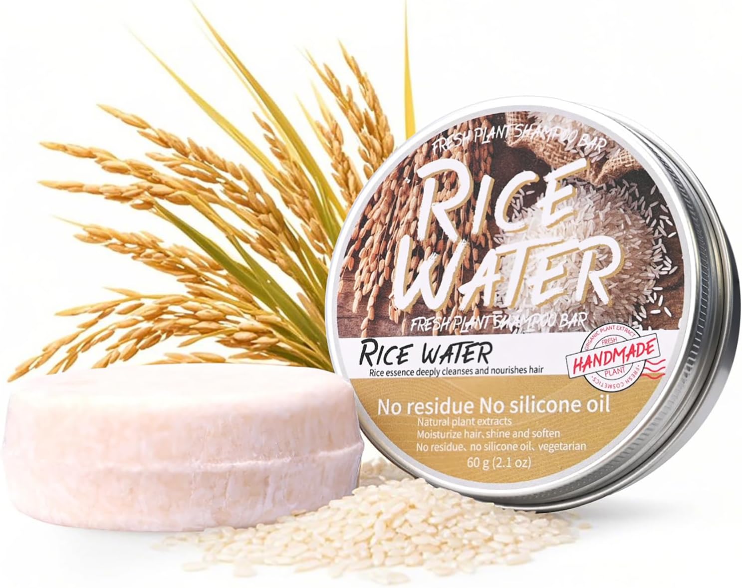 Champú y acondicionador de agua de arroz, 2 en 1 fermentado para el crecimiento del cabello, con malla de espuma, vegano, pH equilibrado, barras sólidas anticaída