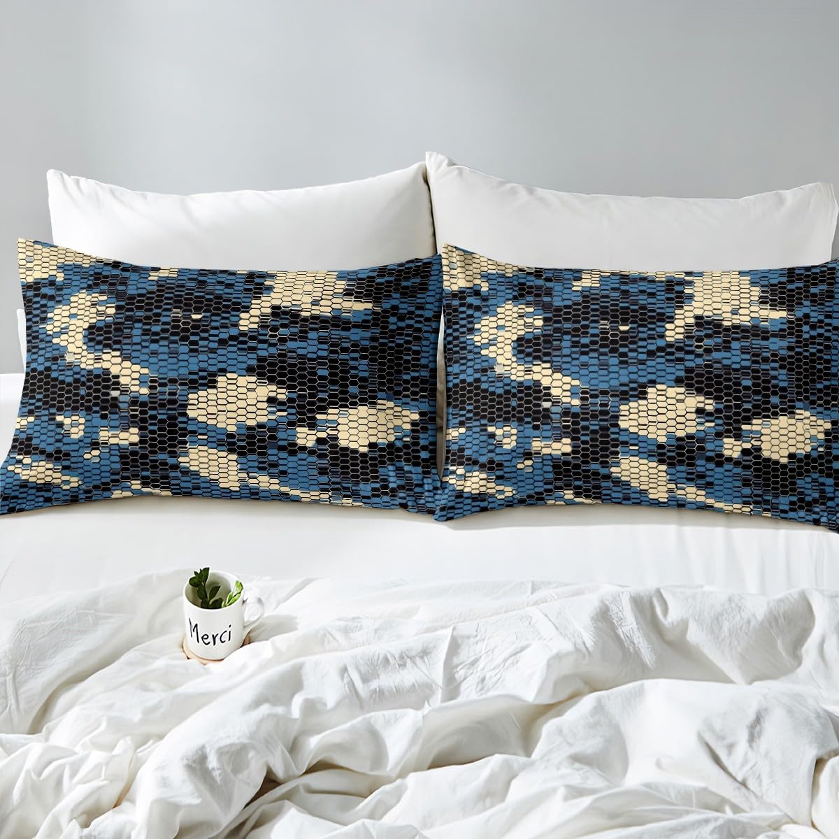 Camouflage Blue Fitted Sheet Full Size Black White Blue Camouflage Bed Sheet Room Decor Army Campaign Militarily Style Bedding Sets Abstract Geometric Dot Colorful 3 Piece Bedding Decor Set