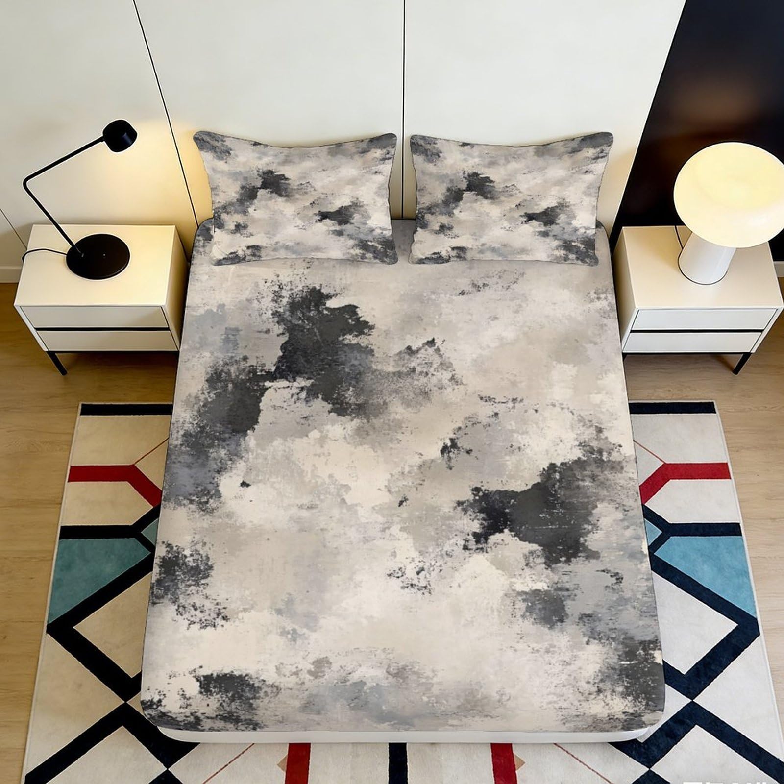 3D Printed Abstract Cloud Fitted Sheet Microfiber Soft Breathable Ink Splash Mattress Cover for Bedroom Decor 180x200x25cm