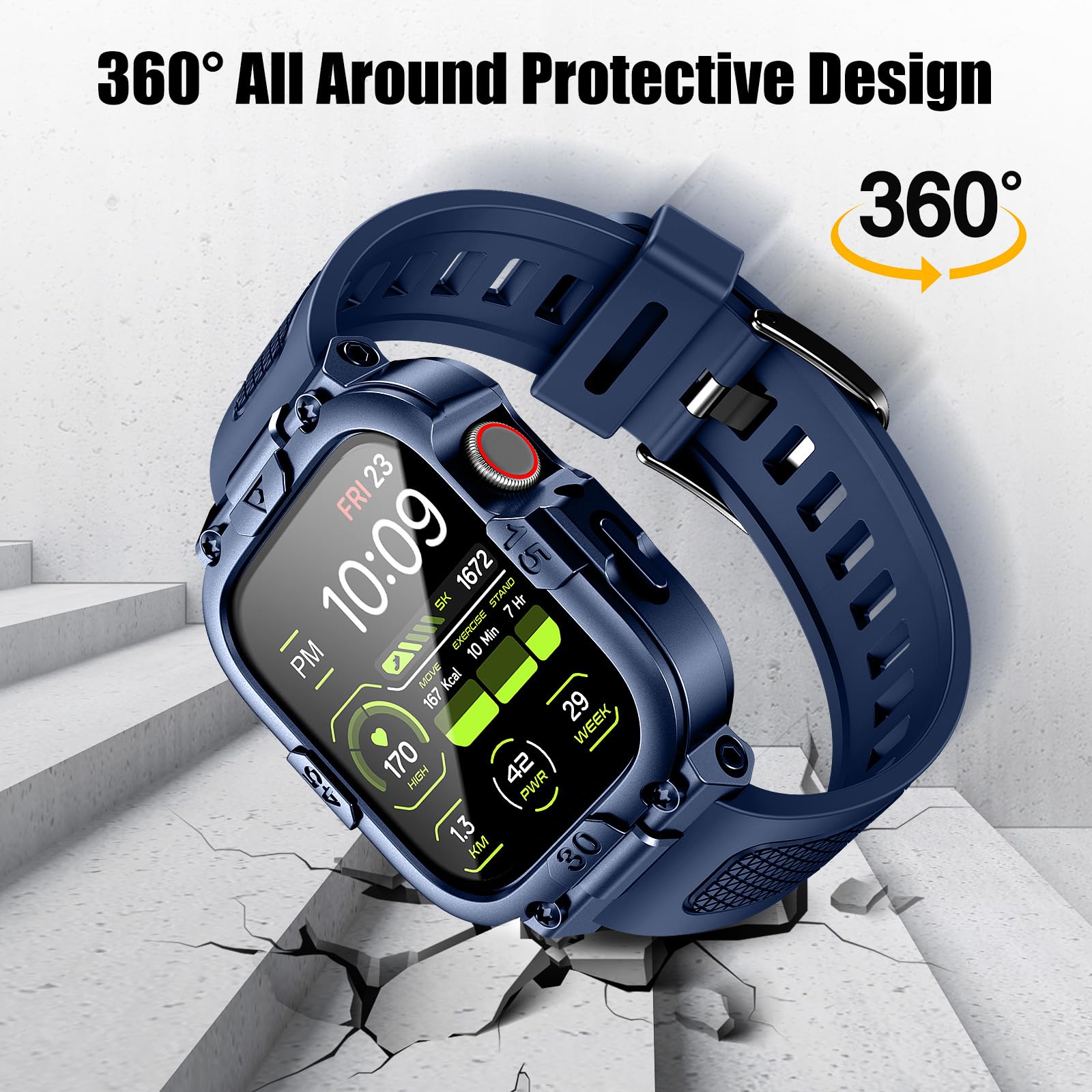 Dsytom Custodia impermeabile con cinturino compatibile con Apple Watch Band 45 mm, 44 mm, 41 mm, 40 mm, per uomo, robusto cinturino per smartwatch con pellicola protettiva in vetro temperato integrata