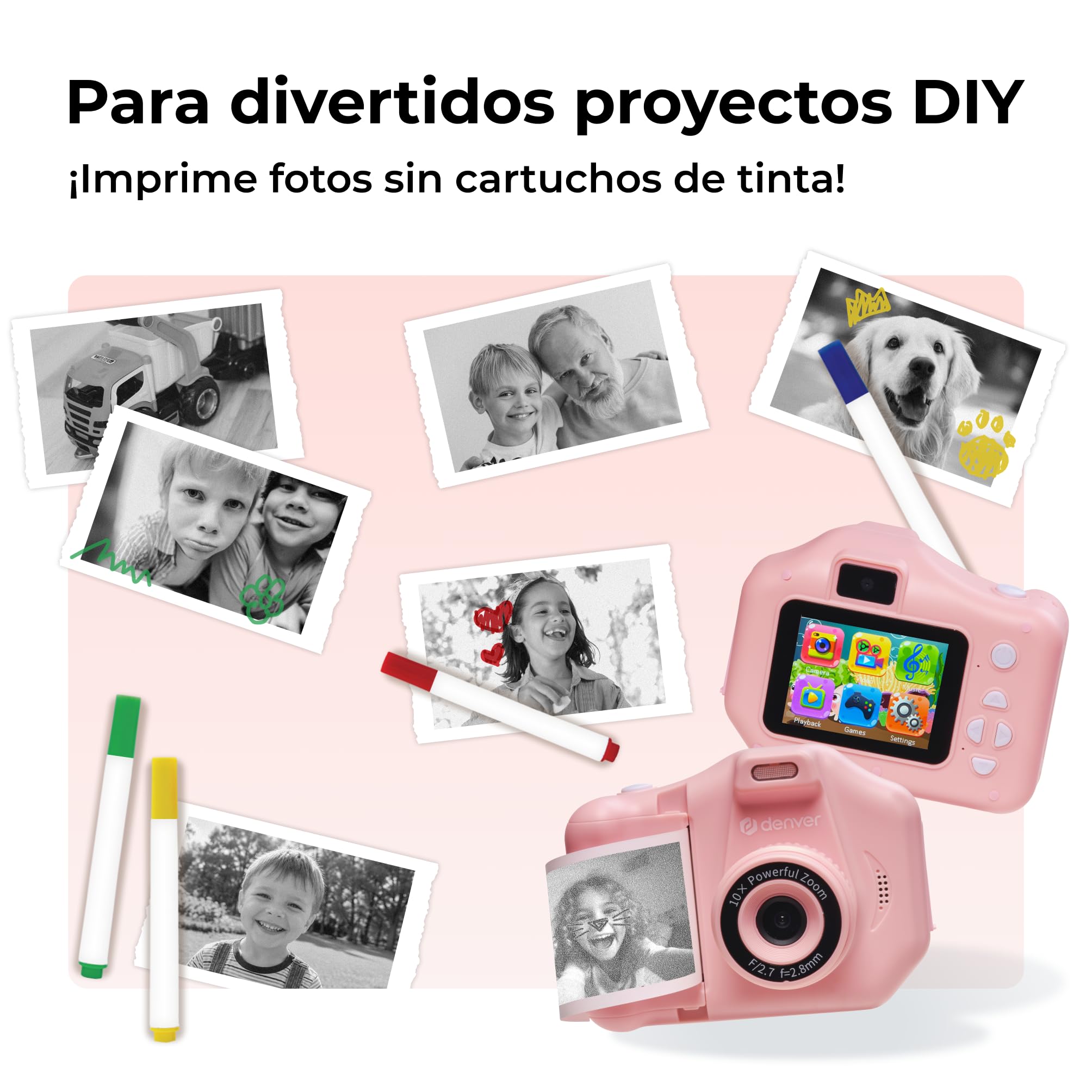Denver KPC-1370 Cámara Infantil con impresión térmica Rosa, Pantalla 2,8”, vídeo 1440p interpolado, 3 Rollos incluidos