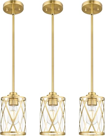Beionxii 3 Pack Brushed Gold Pendant Lights Kitchen Island, Modern Kitchen Pendant Lighting Over Island, Farmhouse Industrial Cage Hanging Lighting with Clear Glass for Sink,Dining Room,BX-PL07-BG-3CG