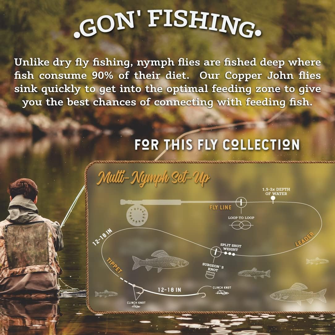 Discount Flies Copper John Fly Fishing Flies – Fishing Kit w/18 Nymph Flies + 1 Fly Box – Flies for Fly Fishing on Strong, Sharp Hooks – Realistic & Effective Fly Fishing Accessories