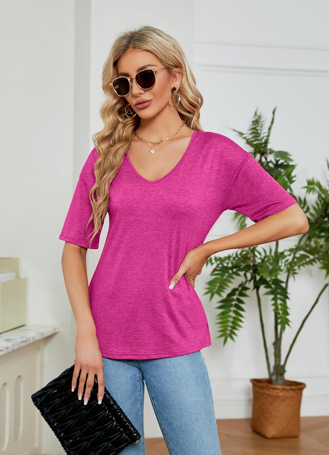 Sherosa Womens T Shirts V-Neck Half Sleeve Loose Fit Shirts Casual Solid Basic Tops - Image 2