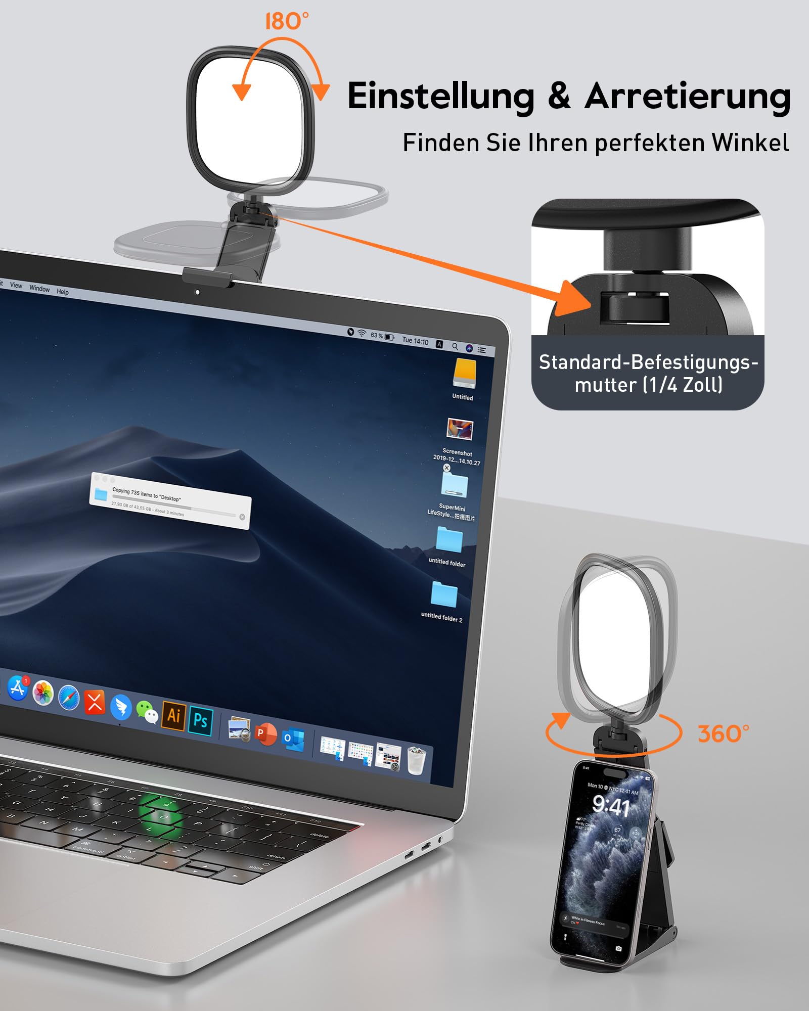 Anillo de luz LED para ordenador portátil, monitor – Cuidado de los ojos LED Webcam Luz con clip de seguridad de pantalla (negro 2 unidades)