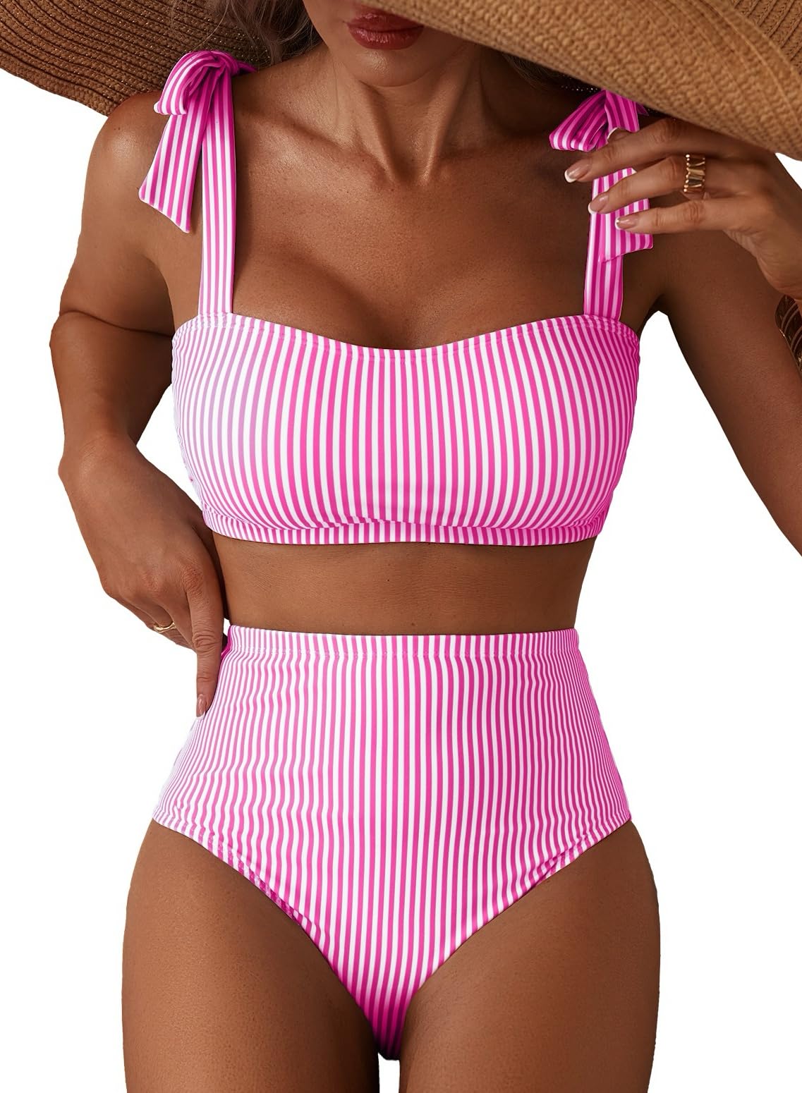 Photo 1 of Herseas Women's Adjustable Tie Shoulder Bikini Sets Wire Free Striped Swim Suits 2026 High Waisted Slimming Stretchy Bathing Suits Chic Beach Vacation Outfits Large Pink Stripes