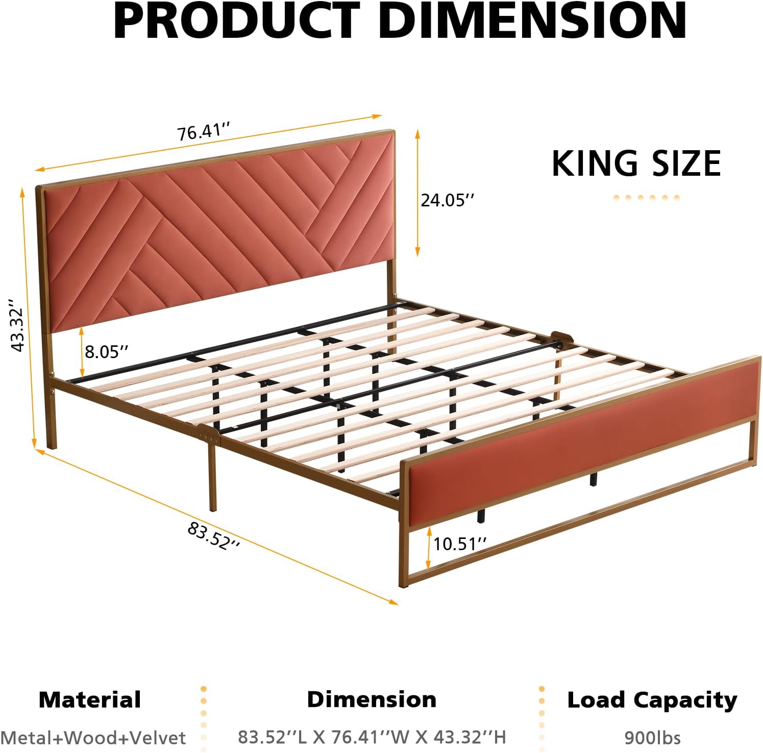 VELOCAVA King Size Velvet Upholstered Bed Frame, Terracotta Red Metal Frame with Padded Headboard, Soft Platform Bed, No Box Spring Needed, Sturdy and Long-Lasting Design, Easy Assembly