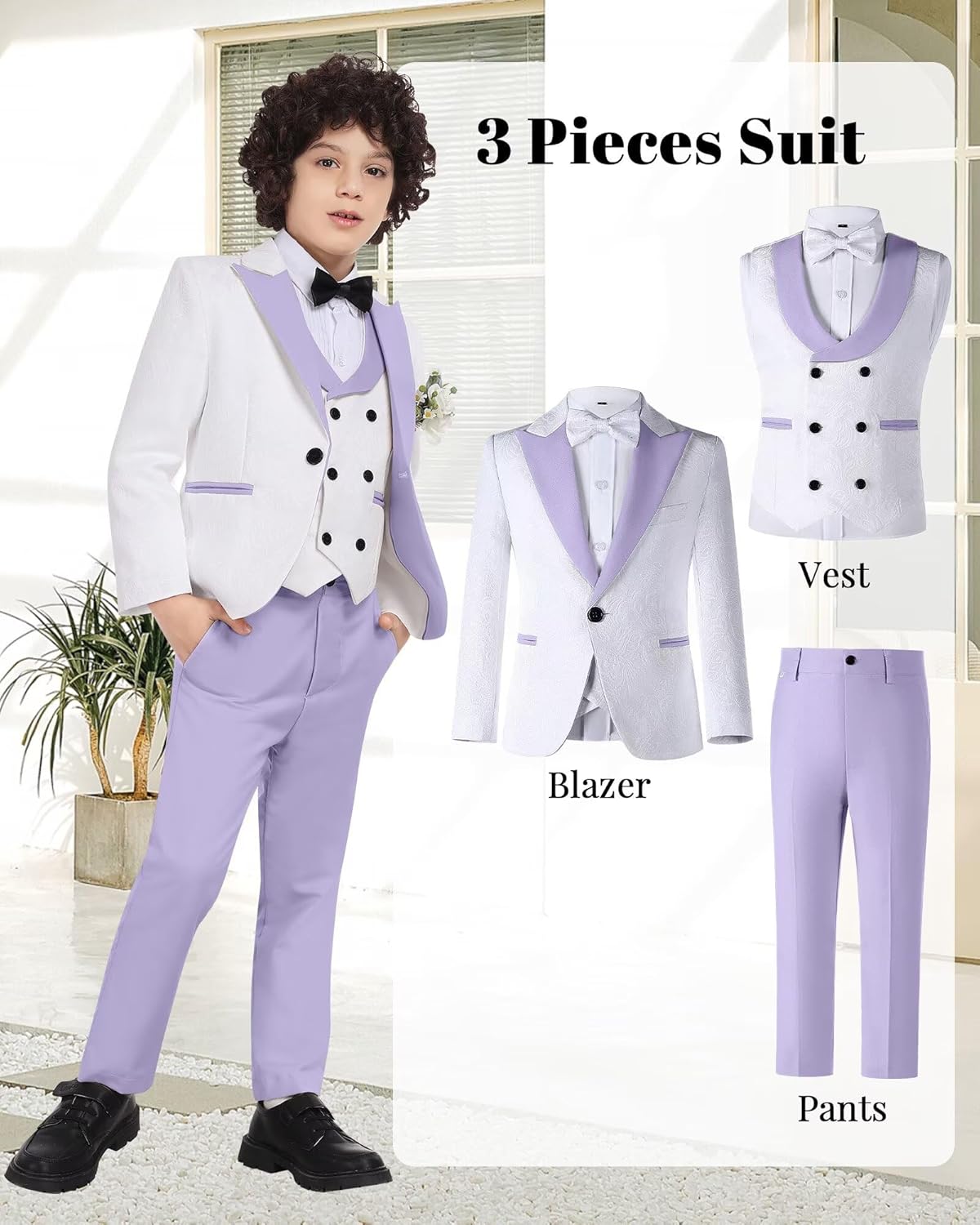 Suits for Boys Floral Jacquard Boys Suit 3 Piece Peak Lapel Tuxedo Suit Set Formal Kids Outfit for Wedding