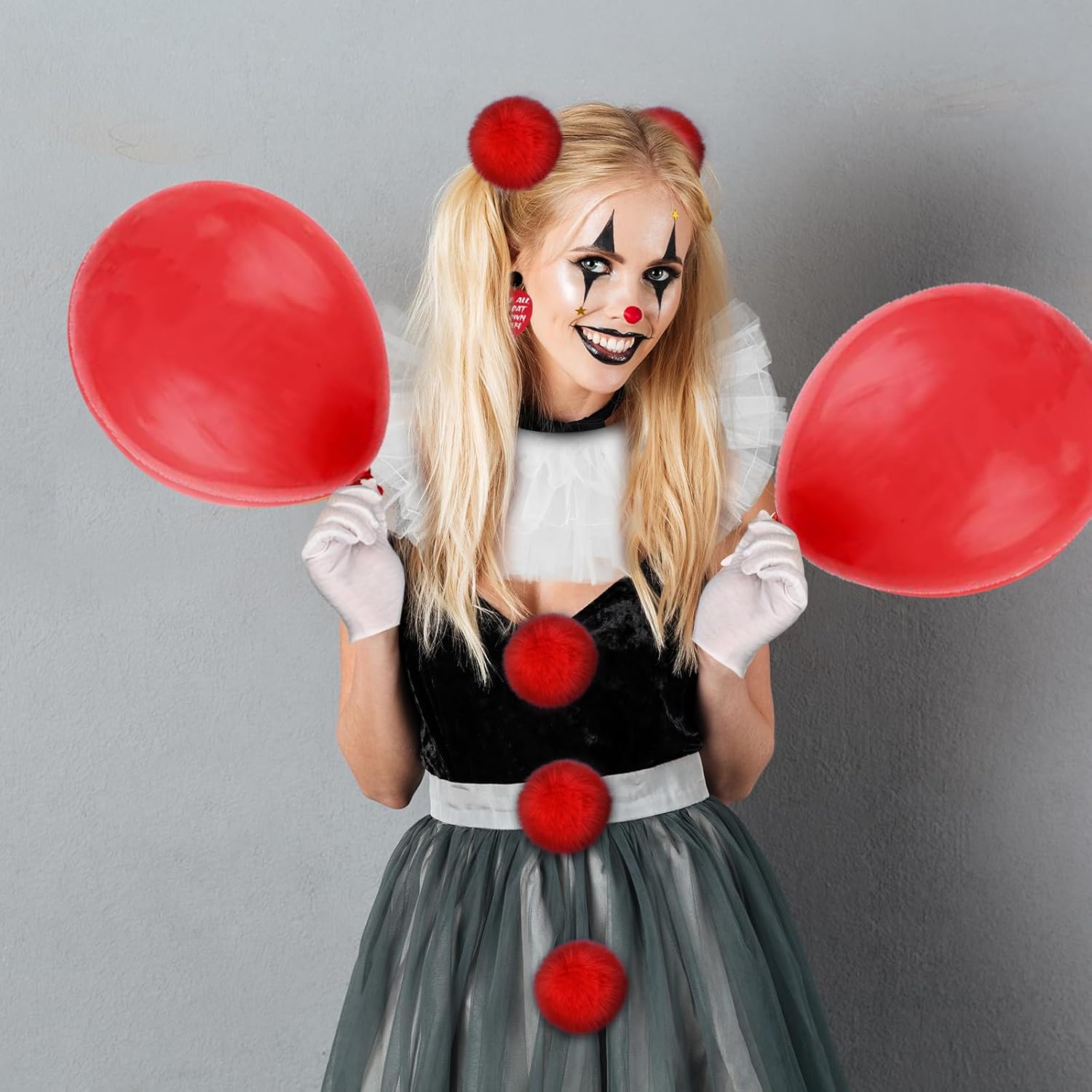Kavoc 11 Pcs Halloween Clown Accessories for Women Clown Neck Ruffle Collar Earrings Balloons Gloves for Halloween Scary Movie Cosplay Party - Image 5