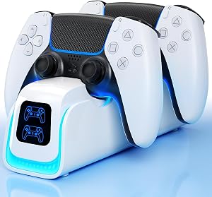 PS5 Controller Charger, 2024 Upgrade PS5 Charging Station for PlayStation 5 Dualsense & Edge Controller, with 6 RGB LED Light Mode, PS5 Fast Charging Station with Cable