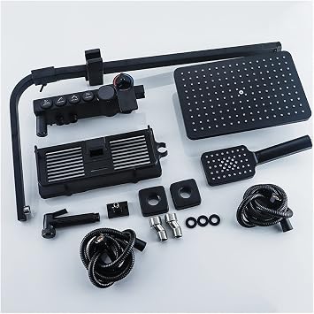 Digital Shower Set LED Rainfall Shower Panel Tower System Display Thermostat Black Bath and Shower Faucet Set Bathroom Tub Tap with Shelf Water Flow Generates Electricity Easy Installation Wall Mount