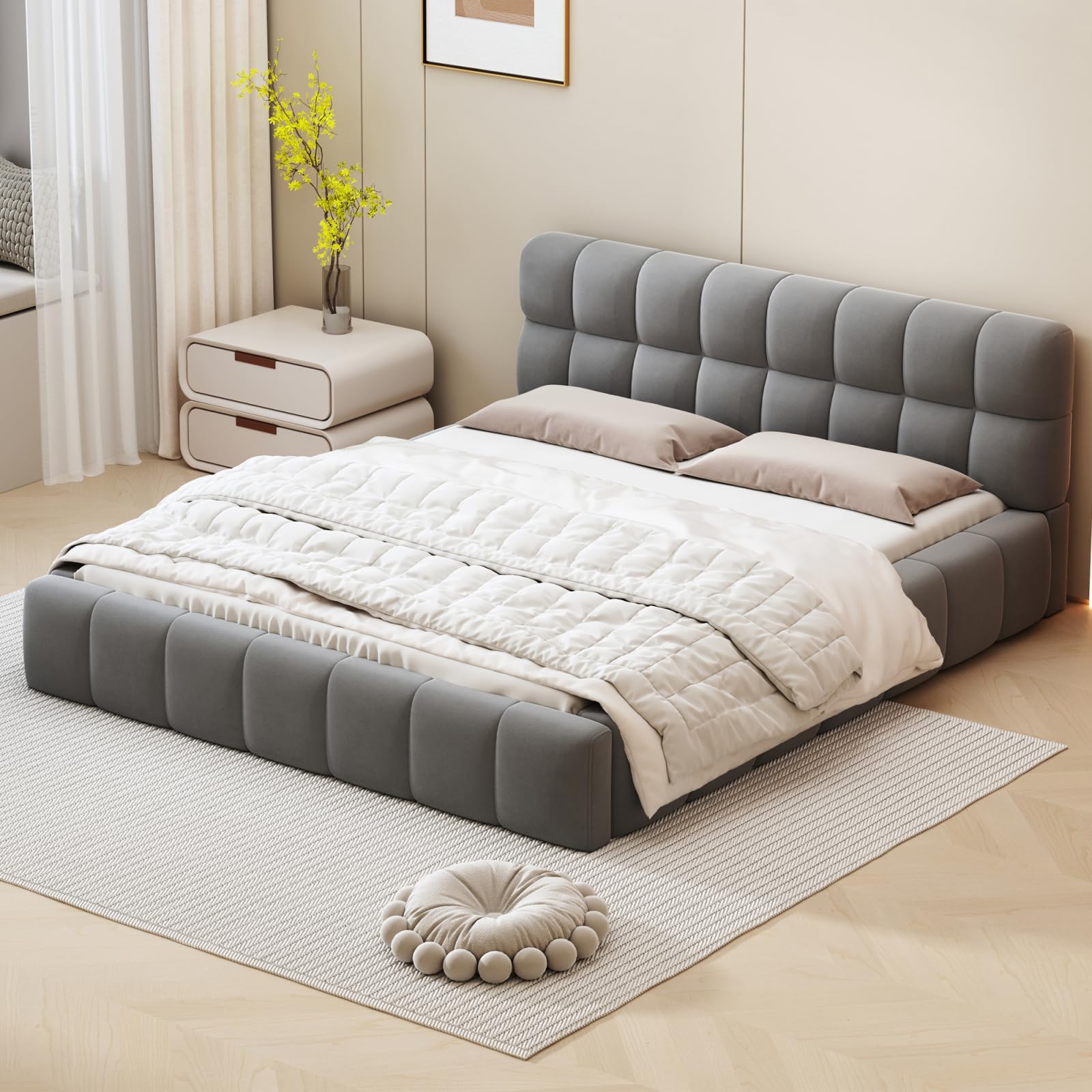 Lit Double Rembourre KeepGoon 160x200cm - Dossier Doux, Sommier Lattes, Lin Beige, Sans Matelas