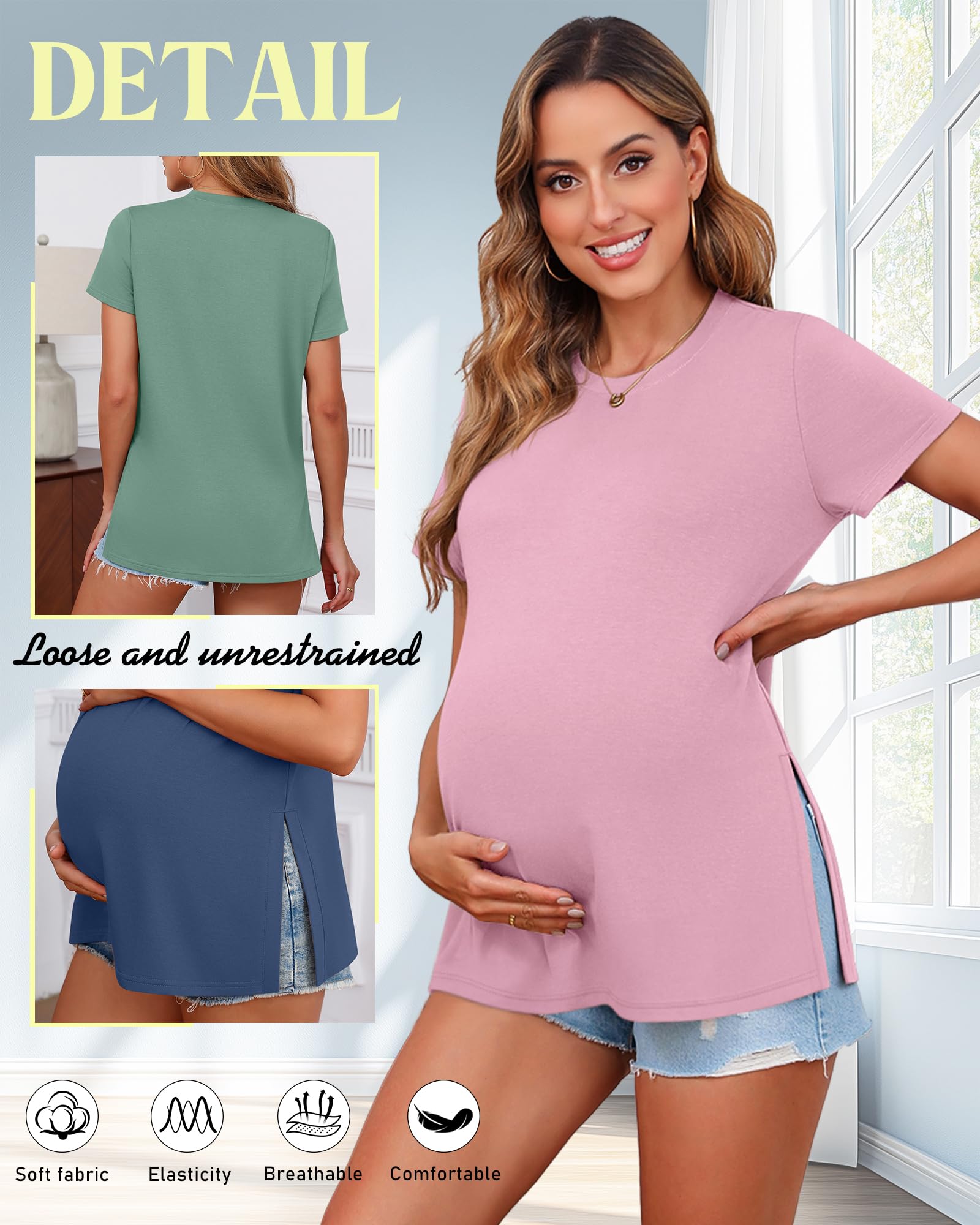Ficerd Paquete de 3 Camisetas de Maternidad para Mujer De, Manga Corta, Aberturas Laterales, Cuello Redondo, Estilo Casual