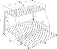 Vista 2 de Twin Over Full Metal Bunk Bed with Trundle, Heavy Duty Bunk Beds Frame with 2 Side Ladders and Safety Guard Rails,Triple Metal Bunk Bed Frame, No